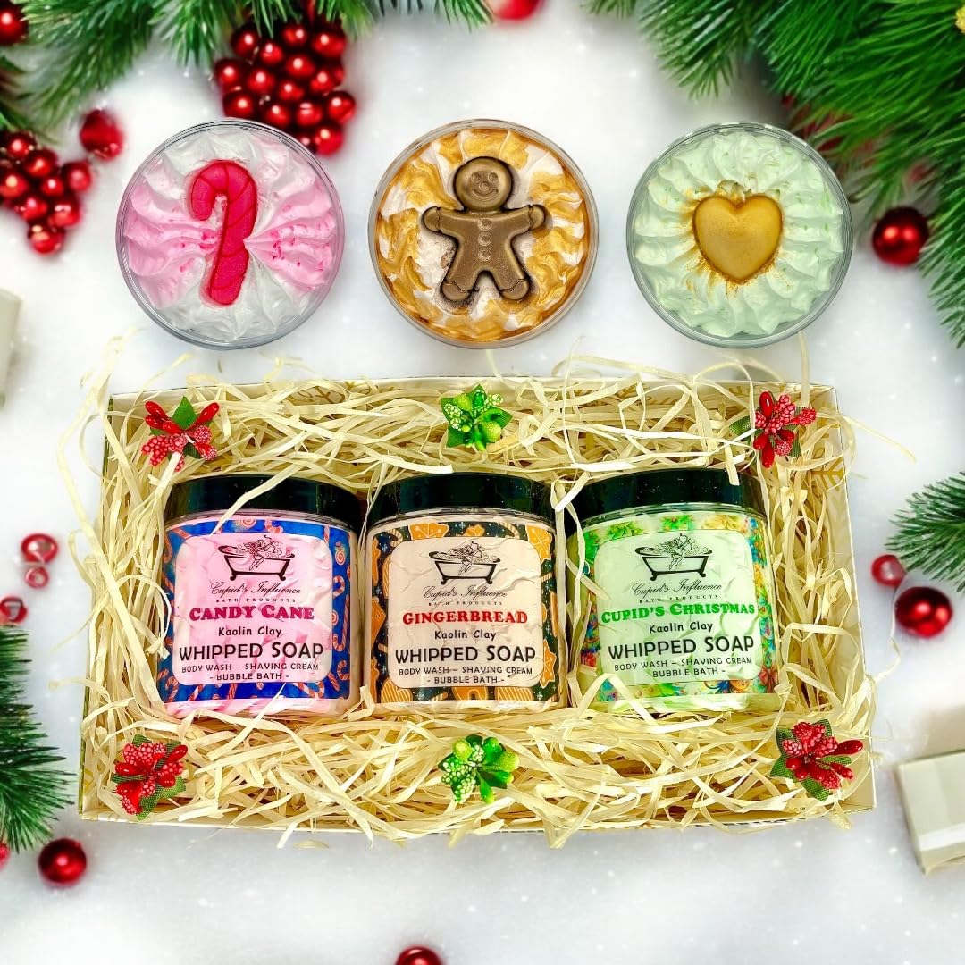 Festive Whipped Soap Gift Set | Luxurious Kaolin Clay Body Wash Set | Seasonal Gift Sets | Stocking Fillers | Gingerbread Man, Peppermint & Cupid's Winter Whipped Soap | Secret Santa Gifts Ideas