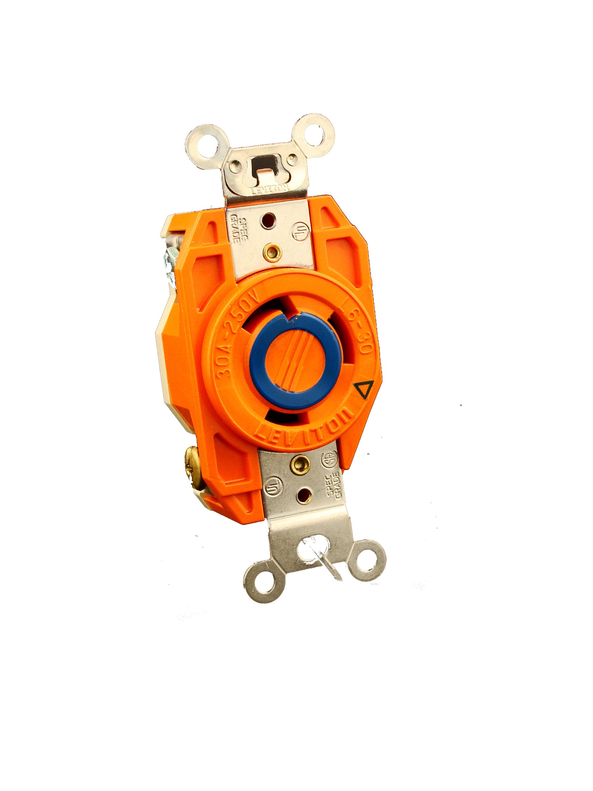 Leviton 30 Amp, 250 Volt, Flush Mounting Locking Receptacle, Industrial Grade, Grounding, V-0-MAX, 2620-IG, Orange