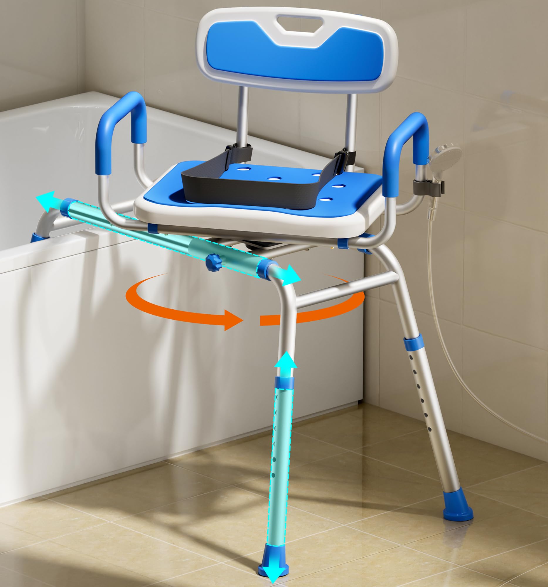 Photo 1 of **BACKREST HAS DAMAGE-SEE PICS**Bluelog Sliding Shower Chair with Padded 360° Swivel Seat, 330lbs Tub Transfer Bench, Non-Slip Arms, Safety Belt, Adjustable Height for Elderly & Disabled Inside Shower