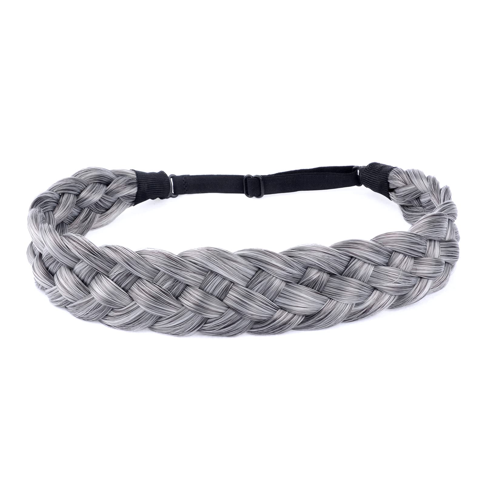 BOBIYA 5 Strand Synthetic Hair Braided Headband Classic Chunky Wide Plaited Braids Elastic Stretch Hairpiece for Women Girl (Salt Pepper)