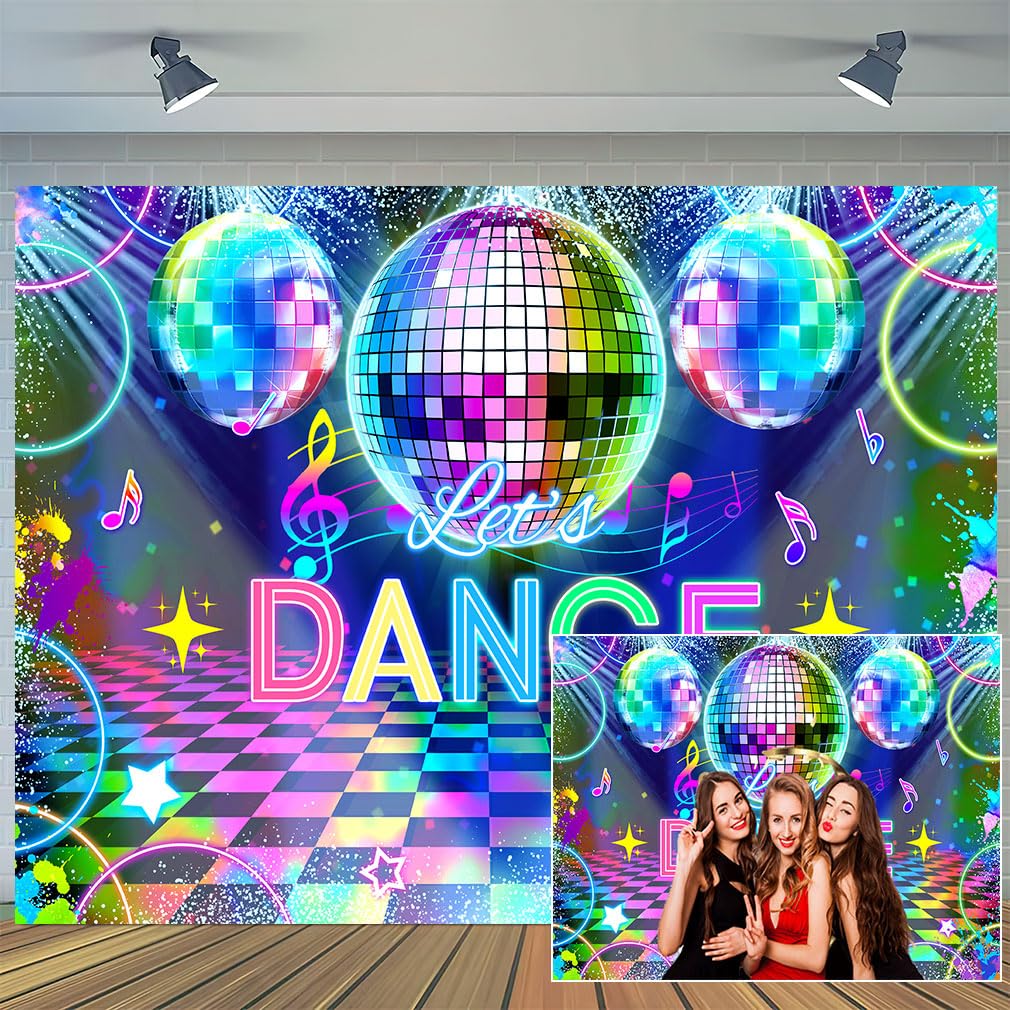 Photo 1 of 7 x 5 ft Disco Party Backdrop Let's Dance Neon Disco Colorful Musical Party Background Kids Hip Hop Dancing Birthday Decorations Banner Photo Booth Props
