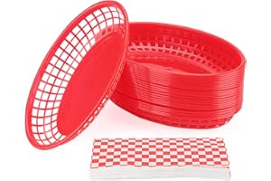 MANCHAP 50 Pack 8.8 x 5.5 Inch Red Plastic Fast Food Baskets,Food Serving Basket with 100 food basket liners for Deli Fast Se