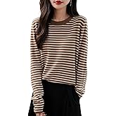 Ciovkis Women's Merino Wool Blend Sweater 2025 Fall Winter Casual Crew Neck Striped Long Sleeve Knit Pullover Sweater