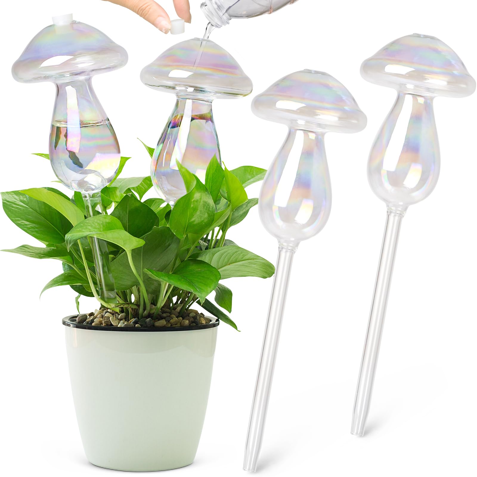 Cat and I 4 Pcs Plant Watering Globes, Colorful Clear Mushrooms Top Fill Water Bulbs, Glass Self Watering Planter Insert Spikes