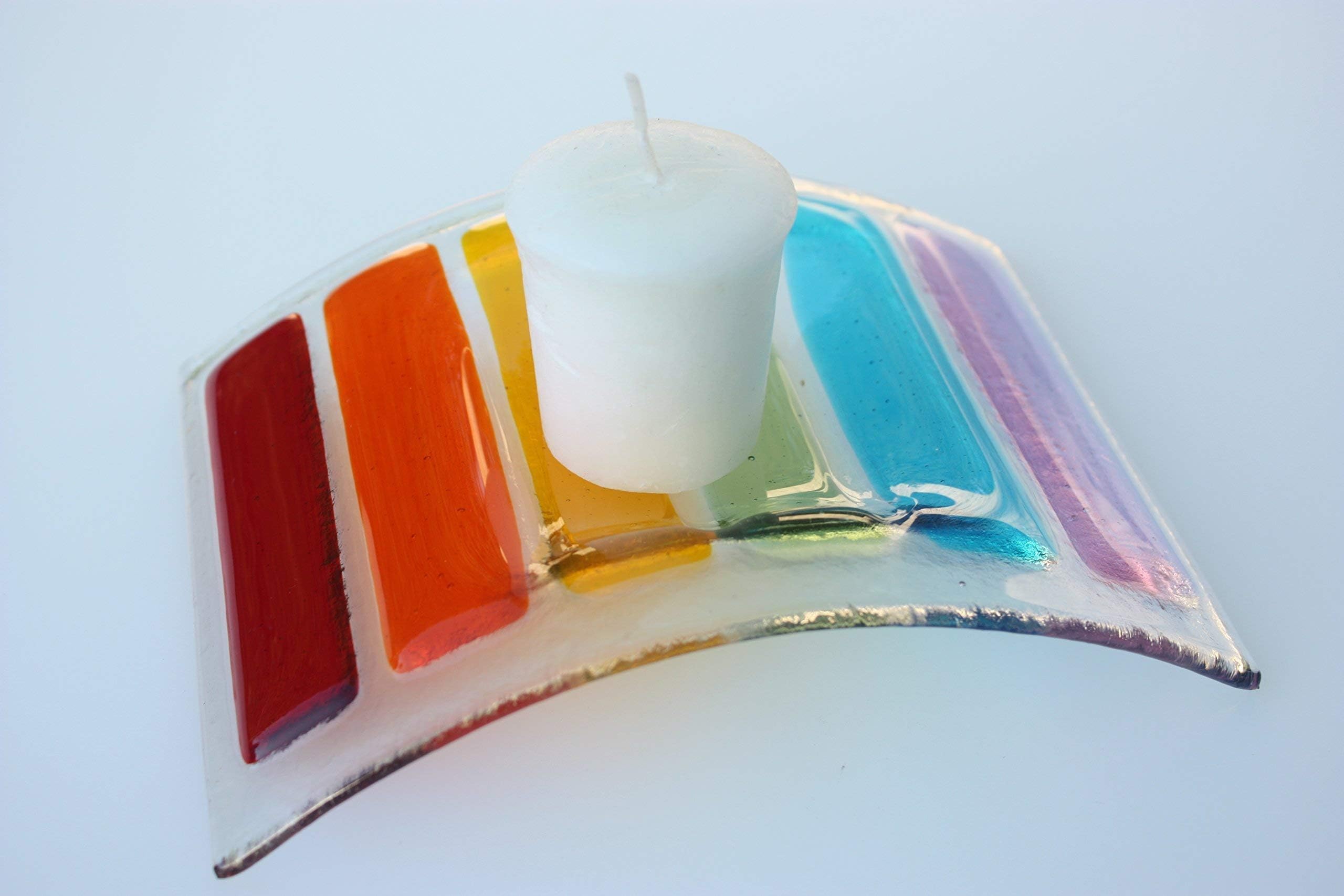 Handmade candle holder in fused glass with rainbow design
