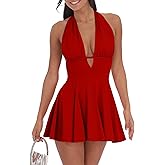 BEAGIMEG Women's Sexy Bodycon Sleeveless Halter Tie up Back Backless Deep V A-line Club Party Mini Dress