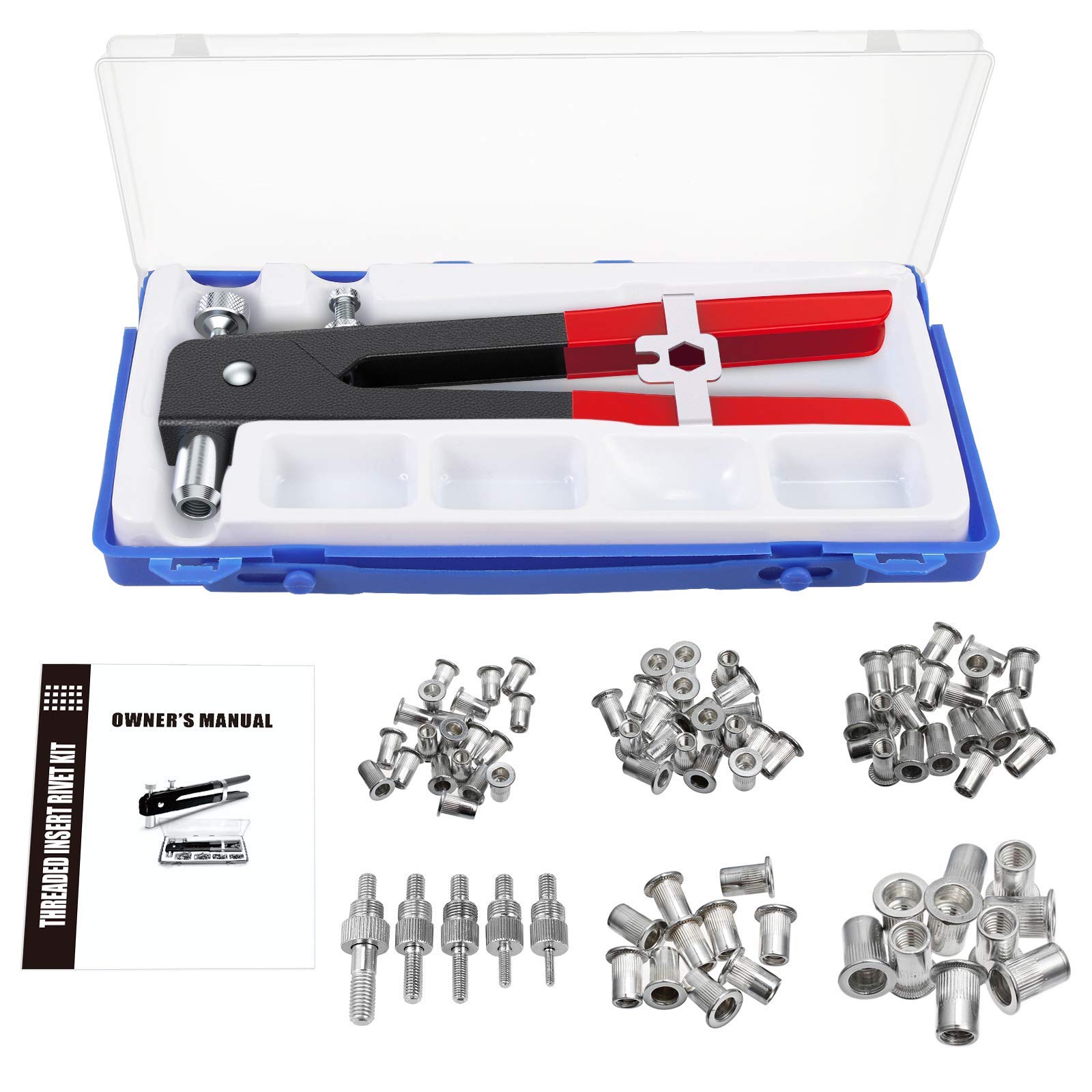 eSynic 86Pcs Heavy Duty Hand Riveter Kit Rivet Nut Gun，Threaded Rivet Nut Kit Set Nut Rivet Tool，Rivet Nutsert Gun，Hand Riveter Rivet Nut Gun，with Interchangeable Mandrel Metric M3 M4 M5 M6 M8
