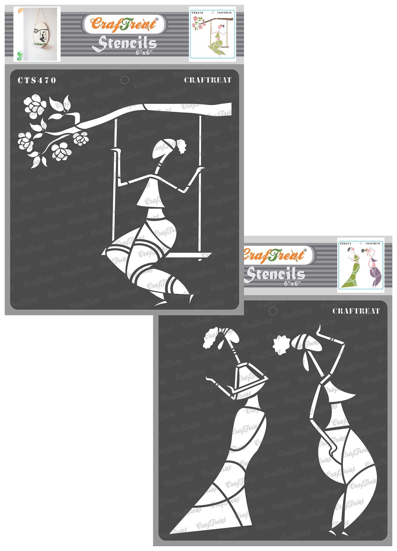 CrafTreat Reusable African Woman Stencil for Painting on Wood, Canvas, Paper, Fabric, Floor, Wall - Sitting on a Swing and Dancing (2 Pcs) -6x6 Inch Each - Tribal Stencils and Templates for Painting