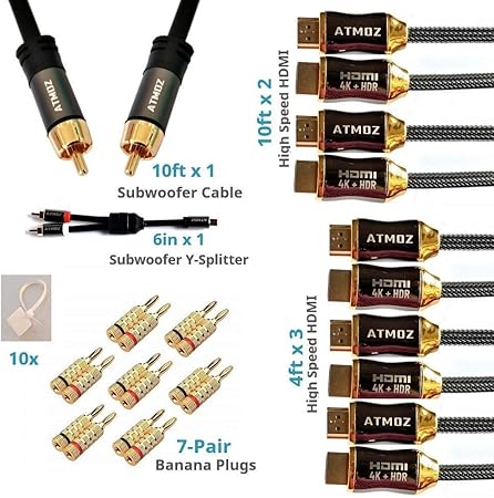 Amazon Com Atmoz Ultra Series Home Theater Accessory Cable Kit Set Bundle 4k Hdr Hdmi V2 0 Cables Subwoofer Cable Rca Y Adapter Banana Plugs Nylon Write On Labels For Av Receivers Amplifiers Electronics