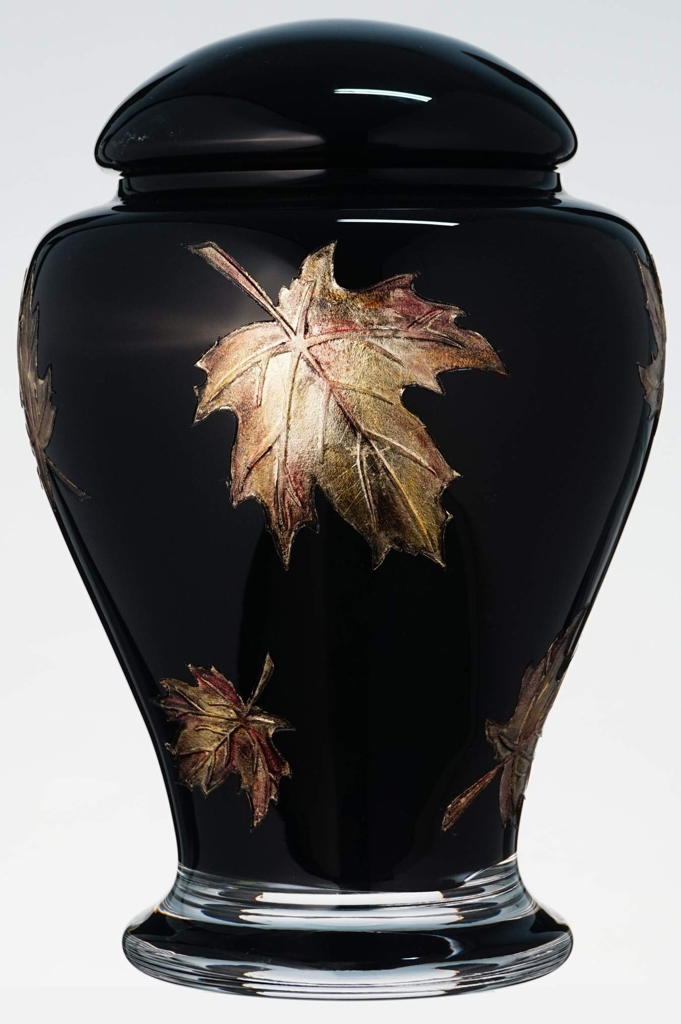 Black Memorial Urn for Human Ashes - Handmade Glass Cremation Urn - Decorated with Sandblasted Painted Metallic Brown Leaves - Urn For Ashes of Adult, Young Adult, Pet - Black / Brown - Volume 3 L