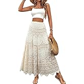 Kiluex Womens Boho Crochet Long Skirt Flowy a Line Elastic High Waist Knit Eyelet Beach Maxi Skirt for Summer