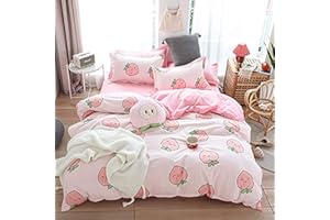 Erosebridal Cartoon Duvet Cover Set Full Pink Peach Bedding Kid Kawaii Girl Lovely Comforter Cute Fruits Quilt Tropical Plant Reversible Soft Bedspread Room Decor