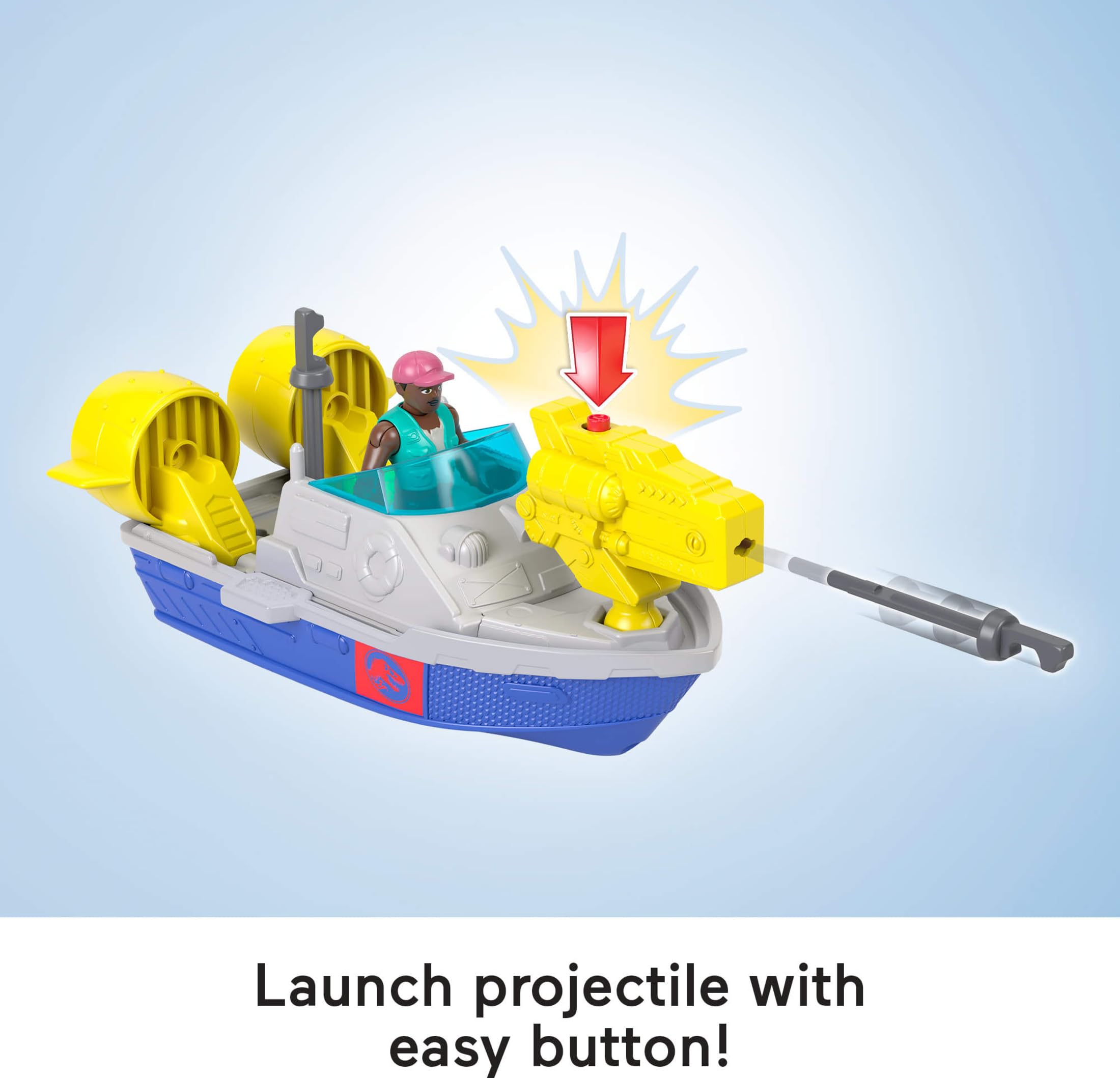 Fisher-Price Imaginext Jurassic World Rebirth Aquachomp Chase Mosasaurus 18-inch Dinosaur Toy with 3-inch Action Figure, Launcher Boat & 2 Projectiles