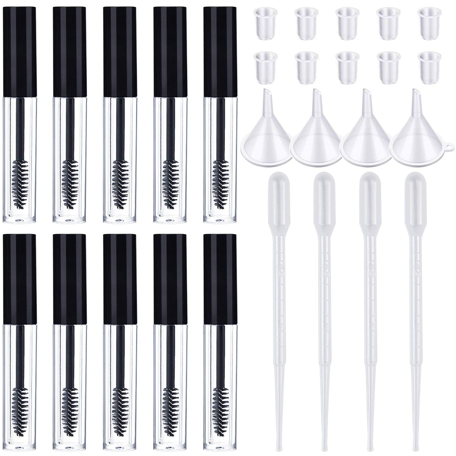 Kalolary 10Pcs 10ml Empty Mascara Tube and Wand Refillable Mascara Tube with Eyelash Wand DIY Eyelash Cream Container Eyeliner Tube Vials Bottle with Rubber Inserts and Funnels Kit