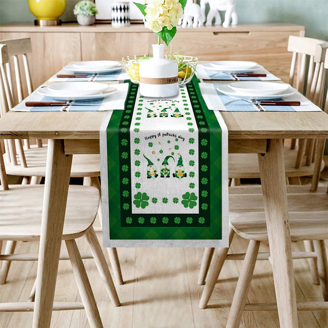 Store Sale Outlet Edwiinsa St Patrick S Day Cotton Linen Table Runner Rectangle Plate Mat Outdoor Rug Runner For Coffee Dining Banquet Home Decor Green Gnome Lucky Clover And Checker Frame 13 X