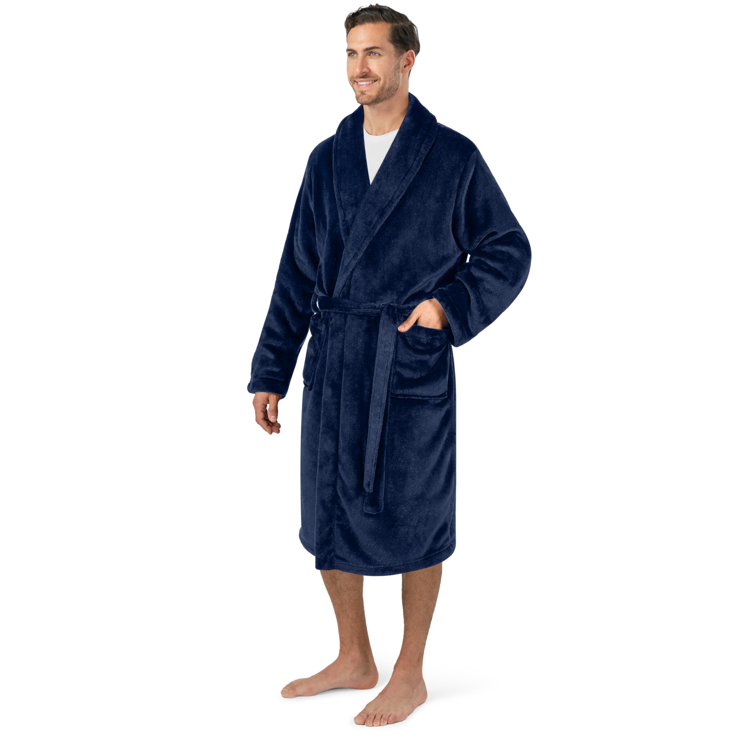 Photo 1 of PAVILIA Mens Soft Robe Bathrobe for Men, Lightweight Fleece Male Robe Long Bath Shower Spa with Shawl Collar and Pockets (Navy Blue, L/XL)