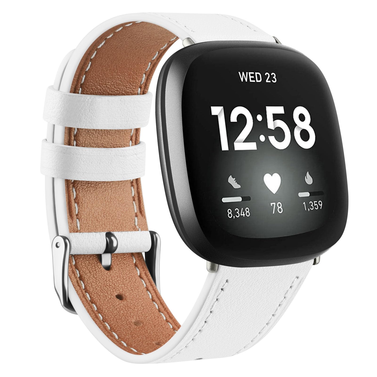 Demark Leather Strap Compatible with Fitbit Versa 3/Sense, Genuine Leather Replacement for Women & Men (White)