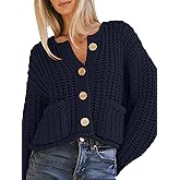 YKR Chunky Knit Cardigan Sweater for Women Long Sleeve Cropped Cardigans Button Down Sweaters with Pockets Navy M