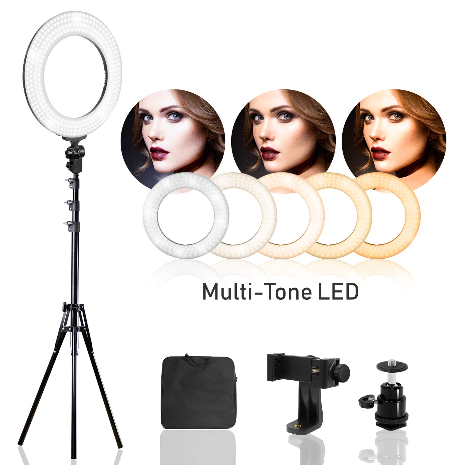 LimoStudio 14" Dimmable Dual Colored LED Round Ring Light, Continuous Lighting Kit for Beauty Facial Shoot, Light Stand Tripod, Cell Phone Holder, for Makeup Photo Studio, PROMOAGG2826