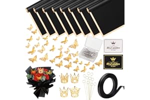 Fesorsi 20 Sheets Black Floral Paper, Flower Bouquet Wrapping Paper Golden Edge, 48 Pieces 3D Gold Butterfly Decoration, Flower Wrapping Paper Suitable for Making Bouquets, DIY Floral Arrangements