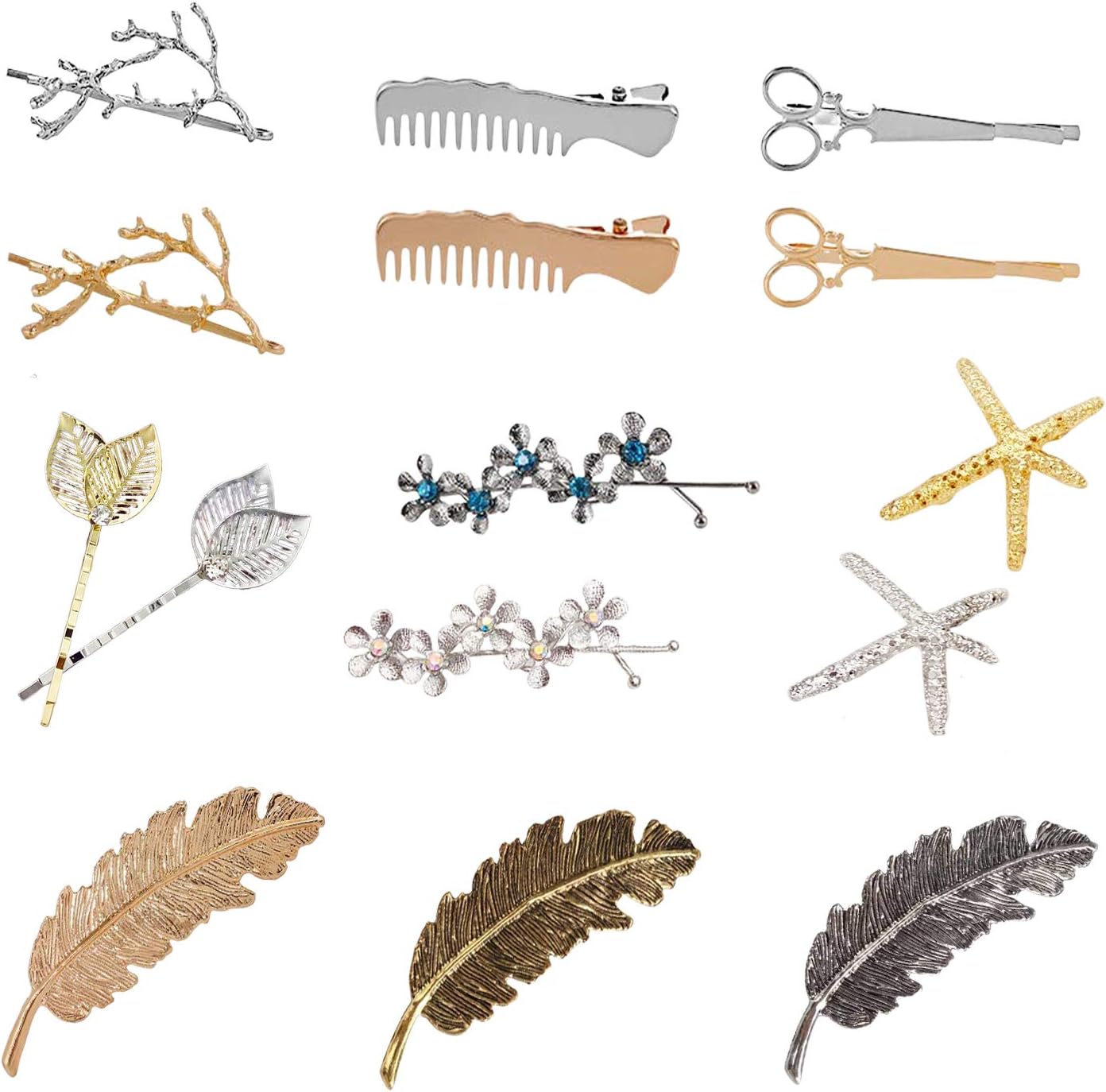 Hair clip for Women, 15pcs unique hairpin combs scissors leaves feathers starfish branch flowers leaves suitable for girls' thick hair，Multiple colors