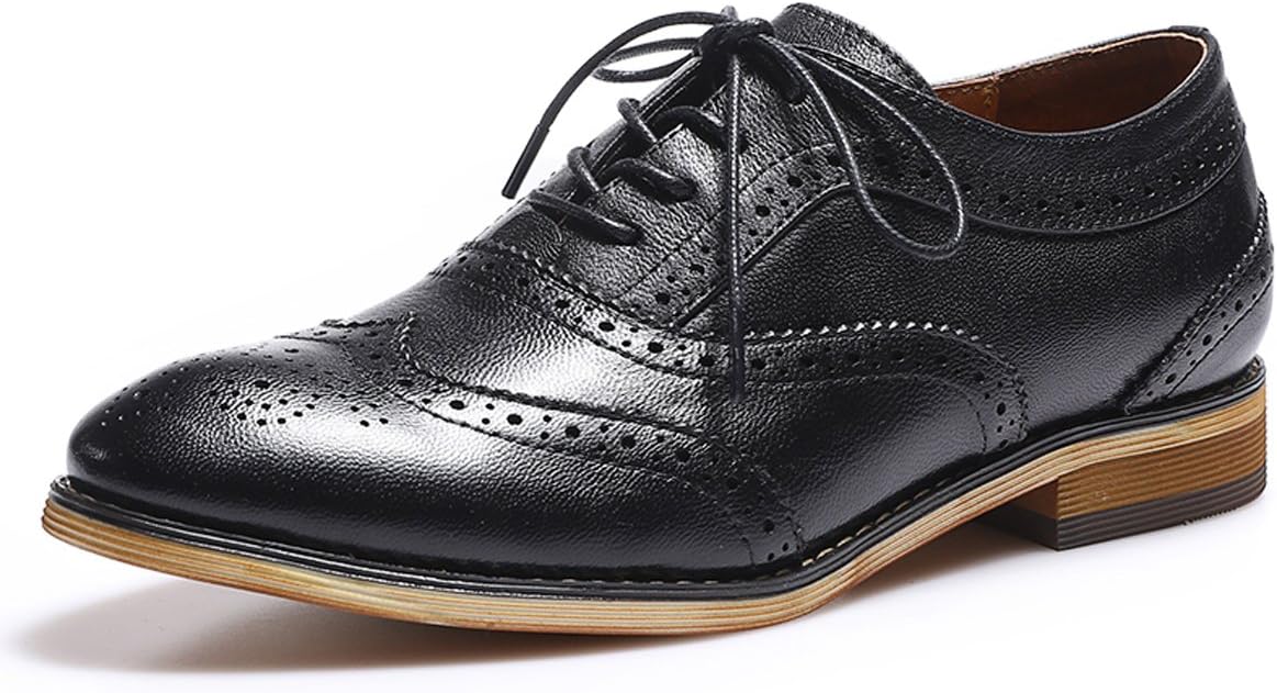 Mona flying Women's Leather Perforated Lace-up Oxfords Brogue Wingtip Derby Saddle Shoes for Girls ladis Women