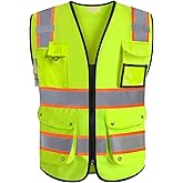 PACIFIC 10 Pockets Class 2 Safety Vest for Men, 3M High Visibility Reflective Strips, Meets ANSI/ISEA Standard, Yellow, Medium