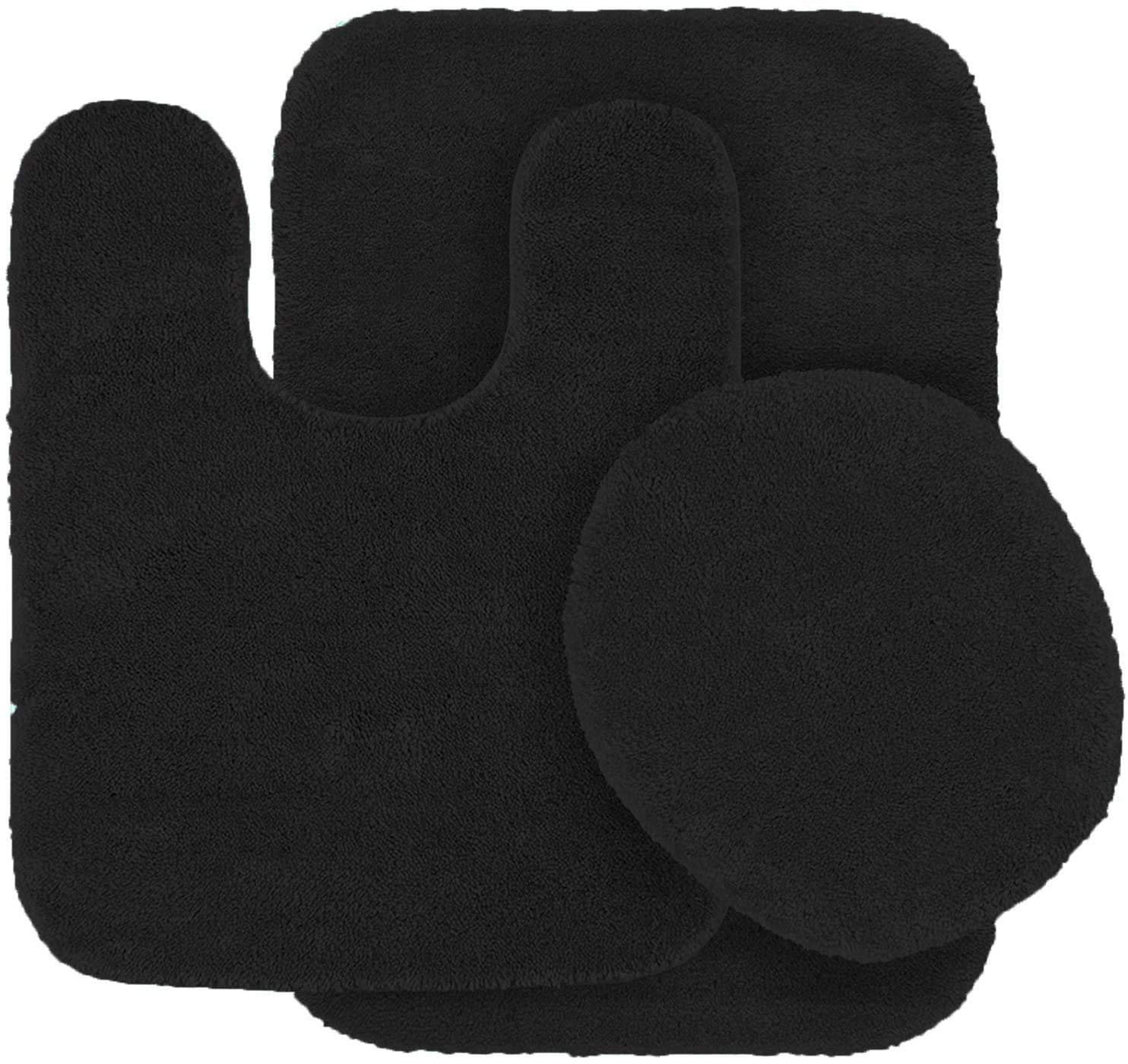 Fancy Linen 3pc Solid Non-Slip Bath Mat Set Bathroom U-Shaped Contour Rug, Mat and Toilet Lid Cover New # 6 (Black)