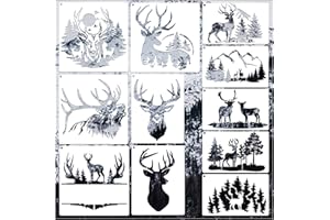HUAHUI 11 Pcs Deer Stencils Forest Mountain Tree Deer Head Stencils for Wood Burning Stencil Template Stencils for Painting on Wood Crafts Home Decors (Deer)
