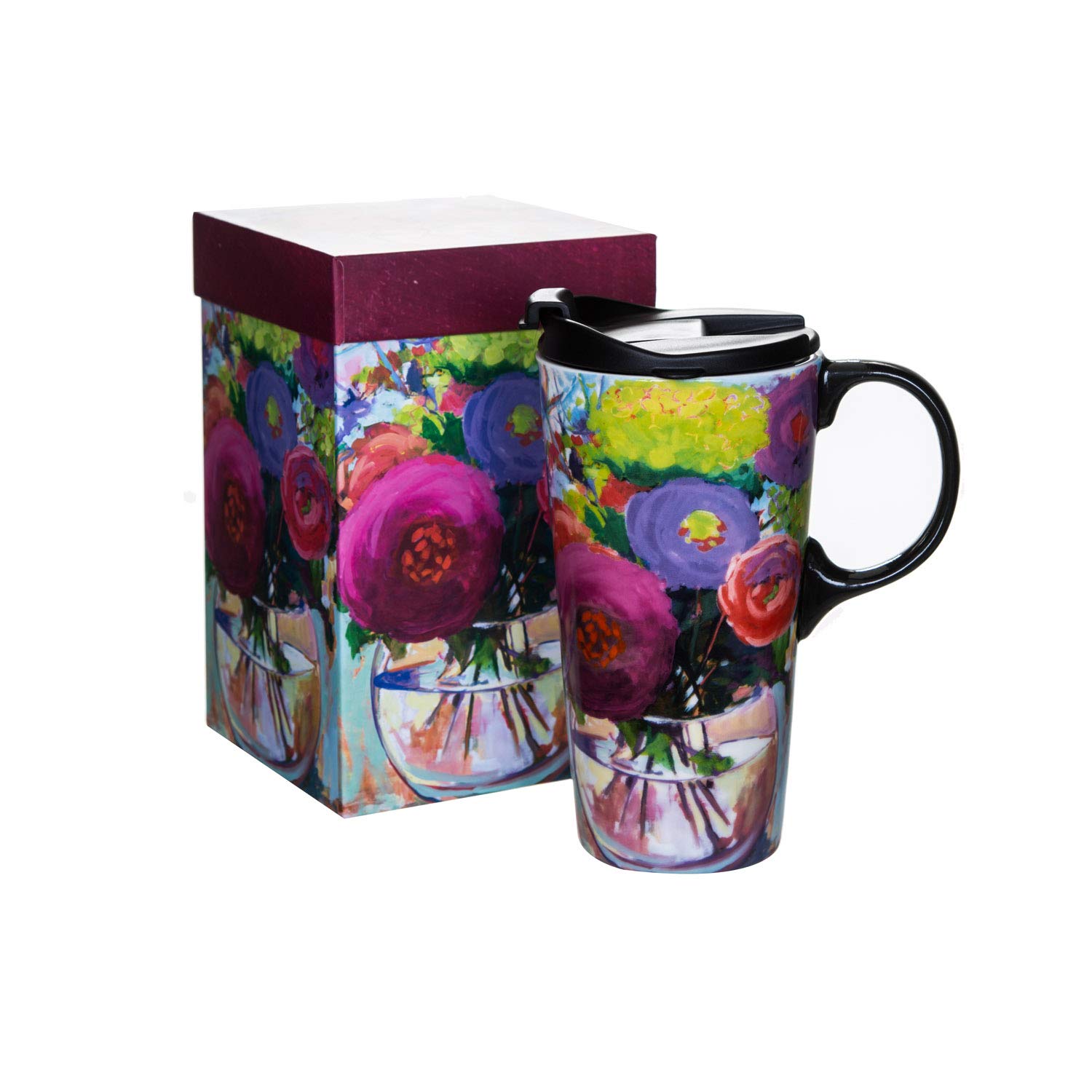 DUSVALLY Ceramic Mug Coffee Mug Ceramic Travel Cup with Lid and Handle,17oz.Colorful Flowers