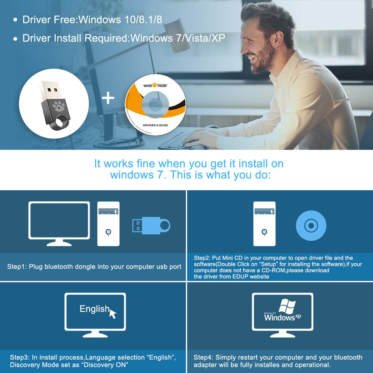 USB Bluetooth 4.0 Adapter Dongle for PC Laptop Computer Desktop Music Keyboard, Mouse, for Windows 10 8.1 8 7 XP Vista