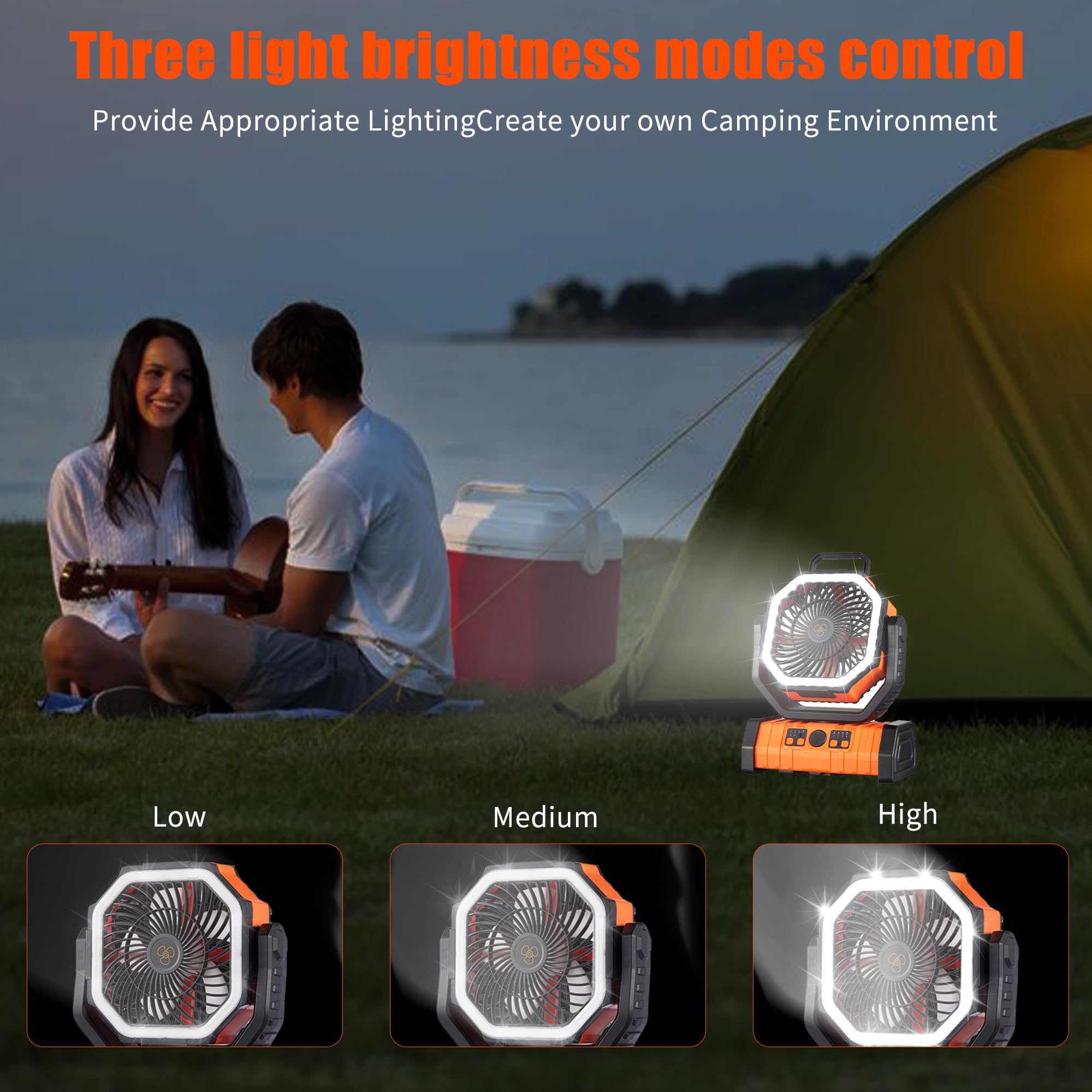 Rechargeable Fan,Operated Camping Battery Powered Fan with Hook&Bright LED Light,Remote Control Timer Auto Oscillation Cordless Outdoor for Power Outage,Picnic,Barbecue,Fishing,Travel,Jobsite,Home