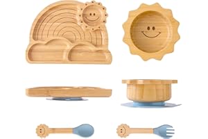 MINGHOYO Bamboo Suction Plates Bowls Set for Baby Toddler - Includes Bamboo Bowl, Divided Plate, Silicone Fork & Spoon, All-Natural Baby Feeding Set for Baby-Led Weaning