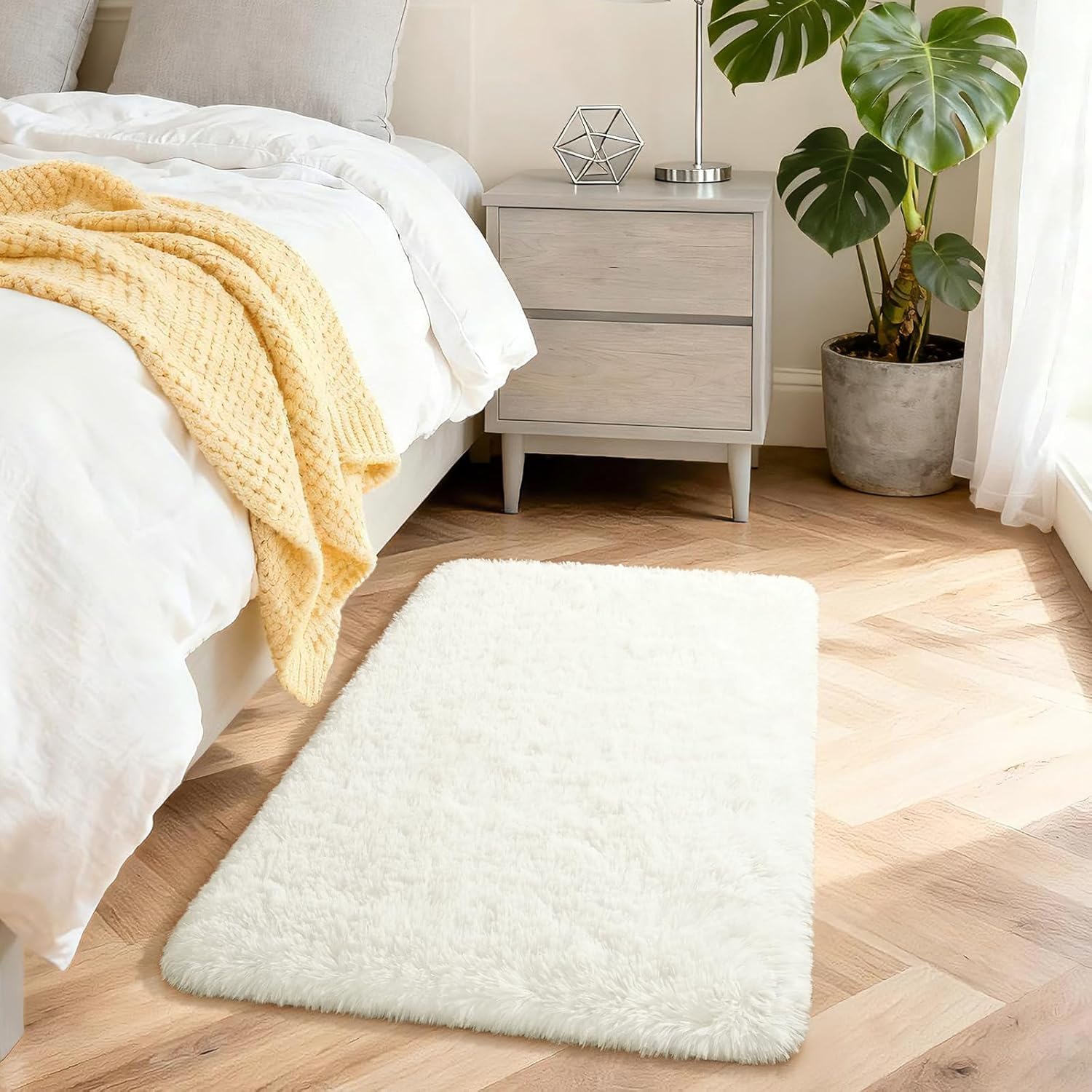 Aspire Homeware Small Fluffy Bedroom Rug – Cream Area Rugs 50x80cm for Living Room Plush Carpet Modern Soft Shaggy Pile Faux Fur Rug for Home — image 1