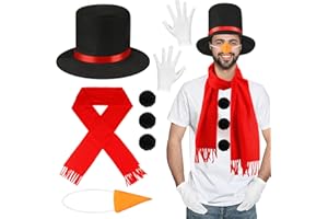 BEIPEGIN 7-Piece Snowman Costume - Adult & Kids Winter Fancy Dress with Scarf, Hat, Carrot Nose, Gloves & Pom Pom Balls - Black & White