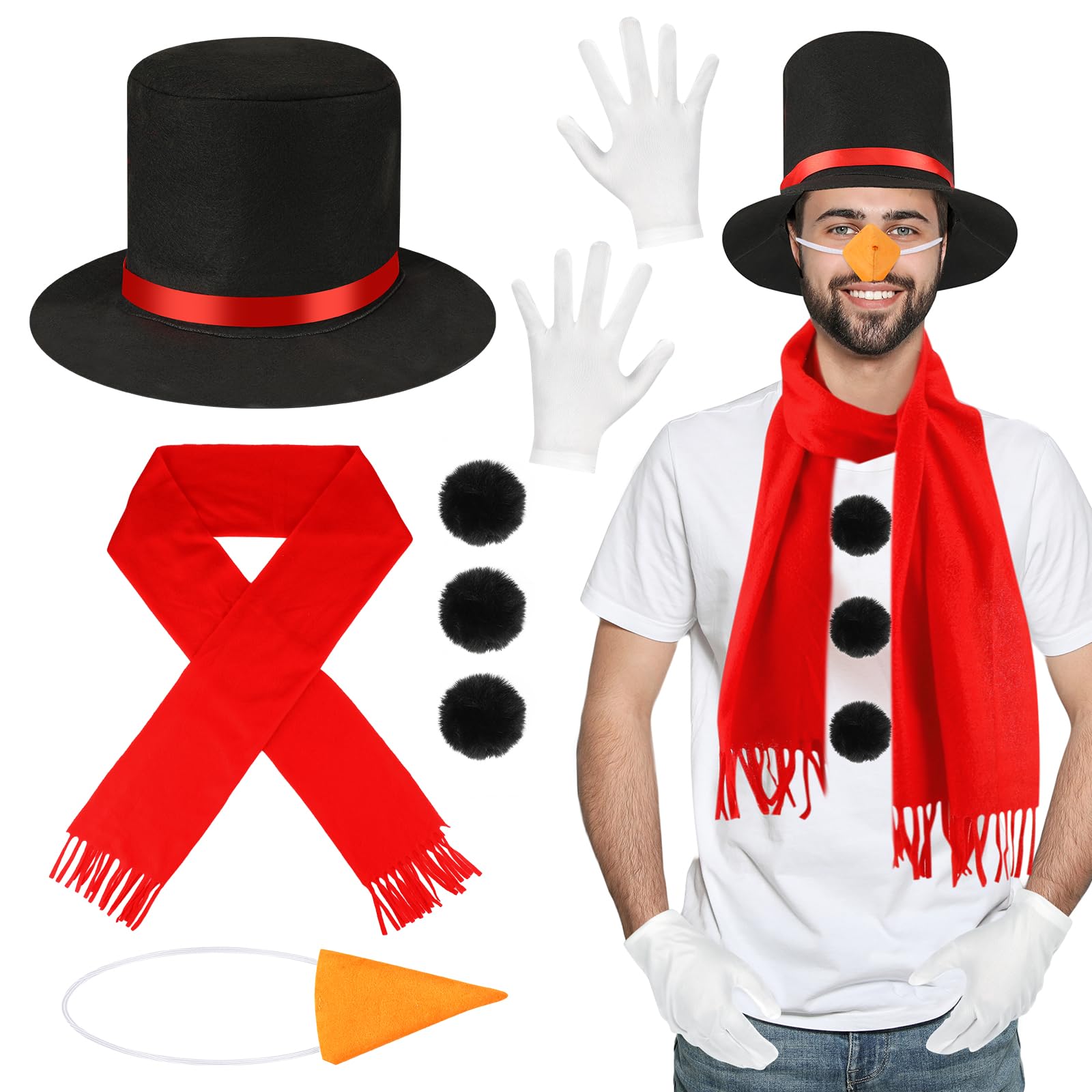 Beipegin 7 Piece Snowman Costume Adult,Snowman Outfit Snowman Scarf Hat Carrot Nose Gloves Pom Pom Balls Winter Frosty the Snowman Costume Christmas Fancy Dress for Women Men