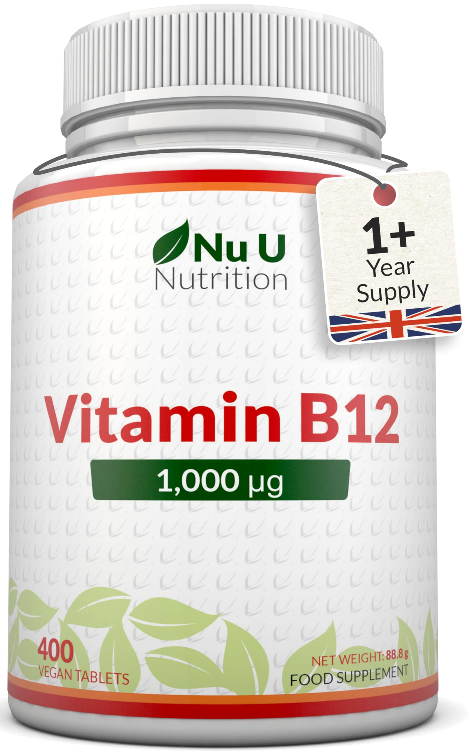Vitamin B12 1000mcg - 400 High Strength Vegan Tablets - VIT B12 Methylcobalamin - 13 Month Supply - Made in the UK - Nu U Nutrition