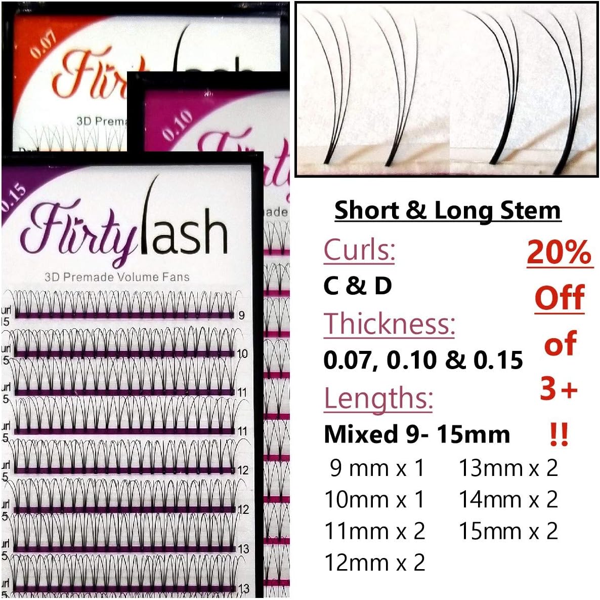 Eyelash Extension 3D-Premade Volume-Lash-Fans .15mm Thick D Curl Choose Length 9 to 15 plu Mixed Ship 1-4 days (Mixed Short Stem)