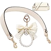 QXUJI Leather Purse Strap, Wide Replacement Bag Strap with White Pearl Bow Keychain, for Women Handbags Shoulder Crossbody Bags, 58.5cm/23.03inch, White