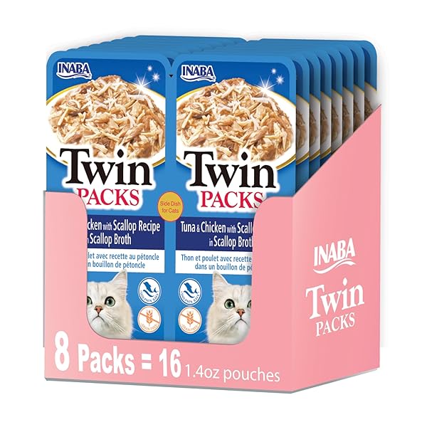 INABA TWIN PACKS FOR CATS, SHREDDED CHICKEN & BROTH GELÉE SIDE DISH/TOPPER POUCH, 1.4 OUNCES PER SERVING, 16 SERVINGS, TUNA & CHICKEN WITH SCALLOP RECIPE IN SCALLOP BROTH