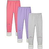 Cooraby 3 Pack Girls Fleece Lined Leggings Cotton Kitty Printed Winter Warm Tights Thick Elastic Thermal Pants for Kids