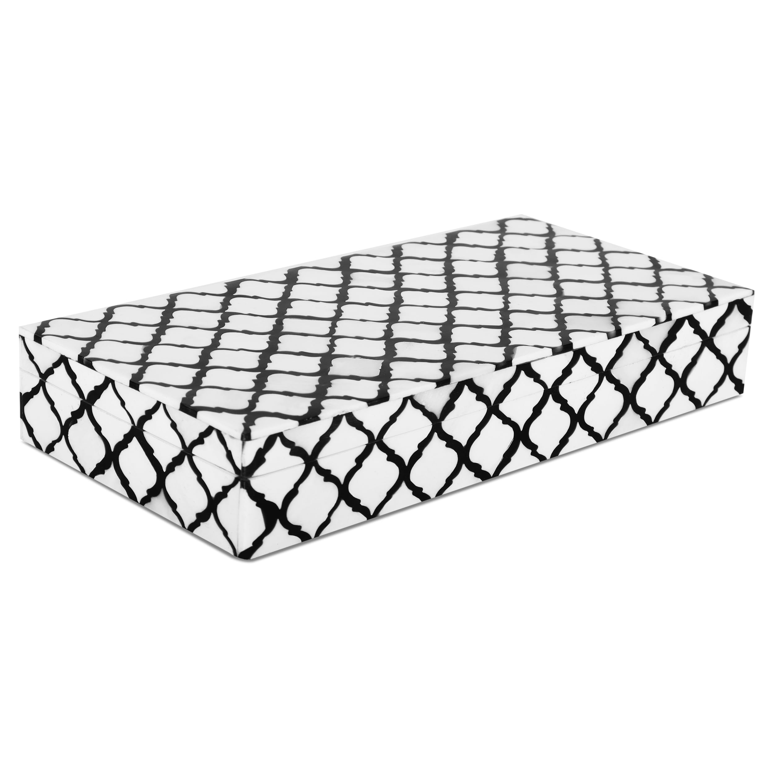 Handicrafts Home Large Decorative Storage Box with Lid, Moroccan Coffee Table Storage Organizer Box, Wooden Remote Holder Keepsake Storage Box, Console Table Storage, Black & White, 12 x 6 x 2