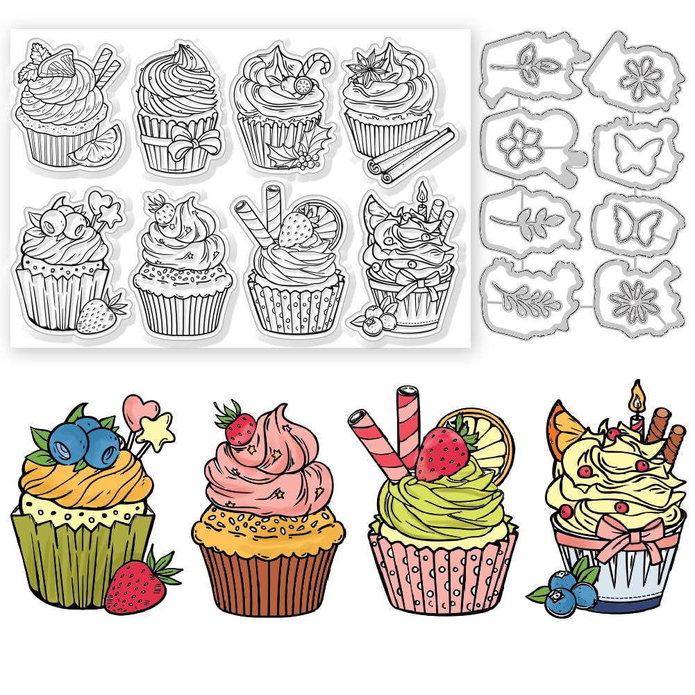 GLOBLELAND Cupcake Clear Stamps and Cutting Dies Cupcake Stamps and Embossing Die Cuts Silicone Stamp Cards and Metal Cutting Die for Card Making and DIY Embossing Scrapbooking