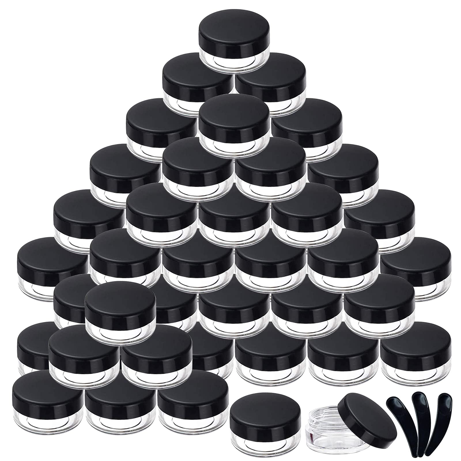 Yalbdopo 50Pcs, 5g Cosmetic Sample Containers Pots with Black Screw Lids, Empty Travel Plastic Jars for Cream, Sample, Nails, Powder, Eyeshadow, Makeup Storage - Includes 3 Packs Mini Spatulas