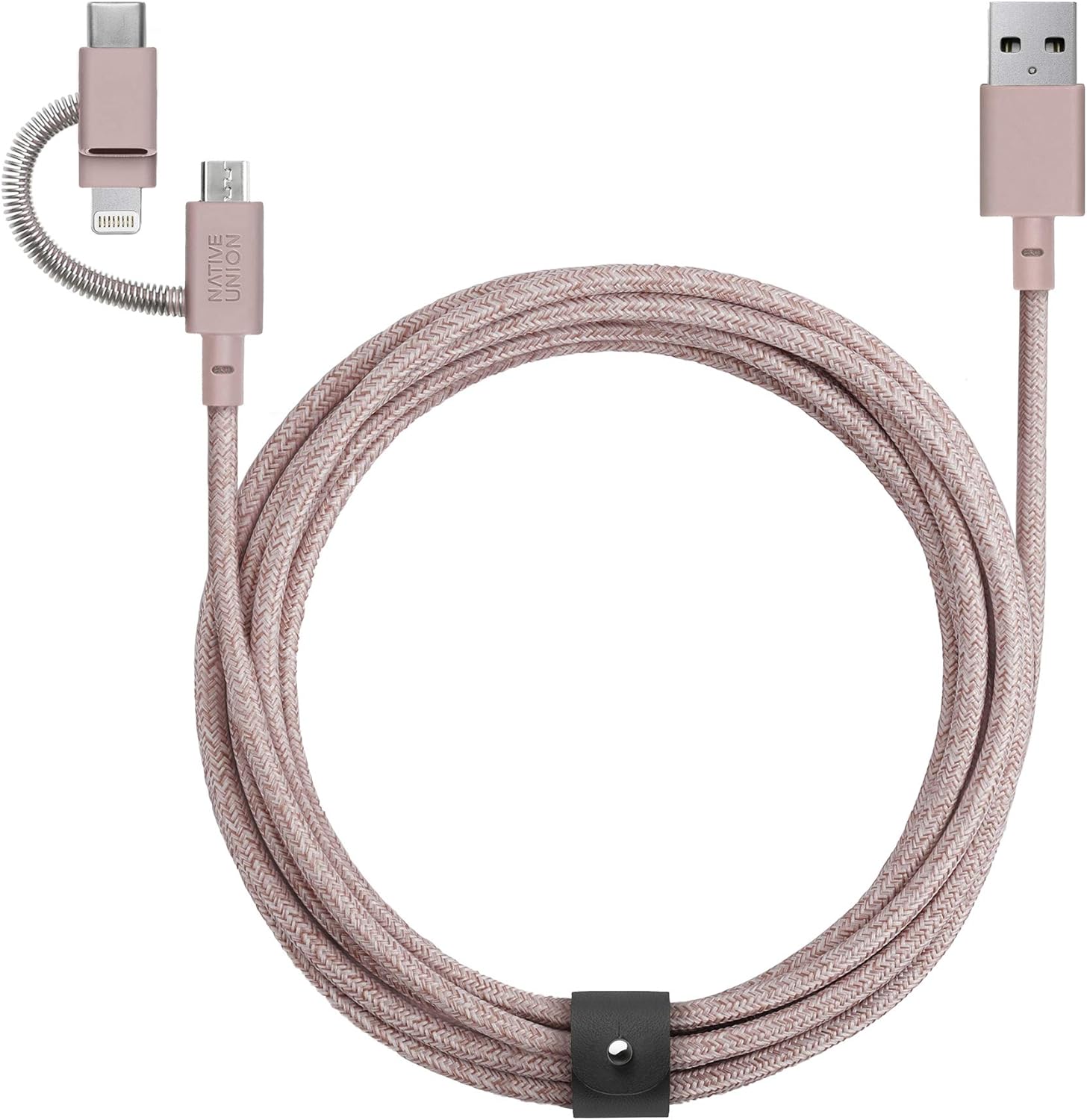 Native Union Belt Cable Universal - 6.5ft Ultra-Strong Reinforced [Apple MFi Certified] Durable Charging Cable with 3-in-1 Adaptor for Lightning, USB-C and Micro-USB Devices (Rose)