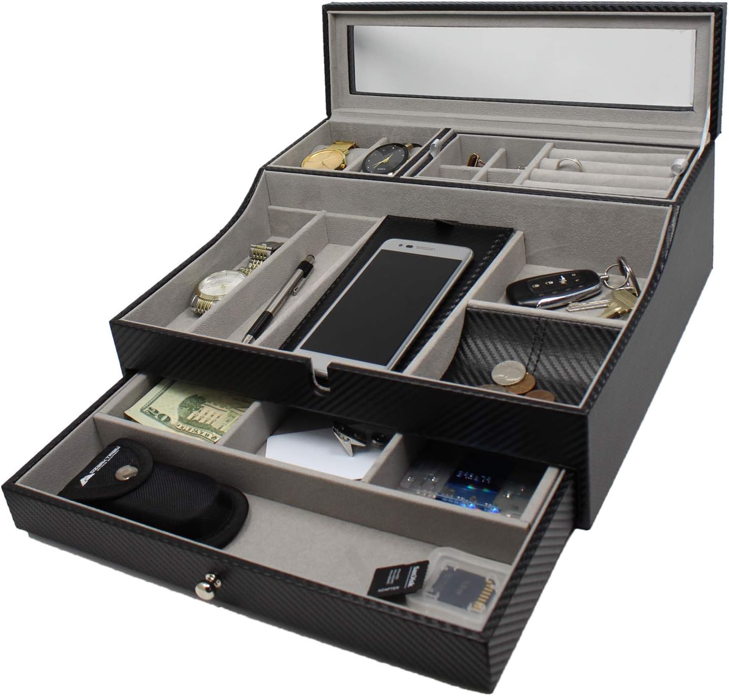 Valet Tray for Men| Sleek Dresser-Organizer Box for Storage & Display| Perfect for Phone, Watches, Sunglasses, Jewelry, Wallet, Rings, Necklace & More| Carbon Fiber & Faux Leather: Home Improvement