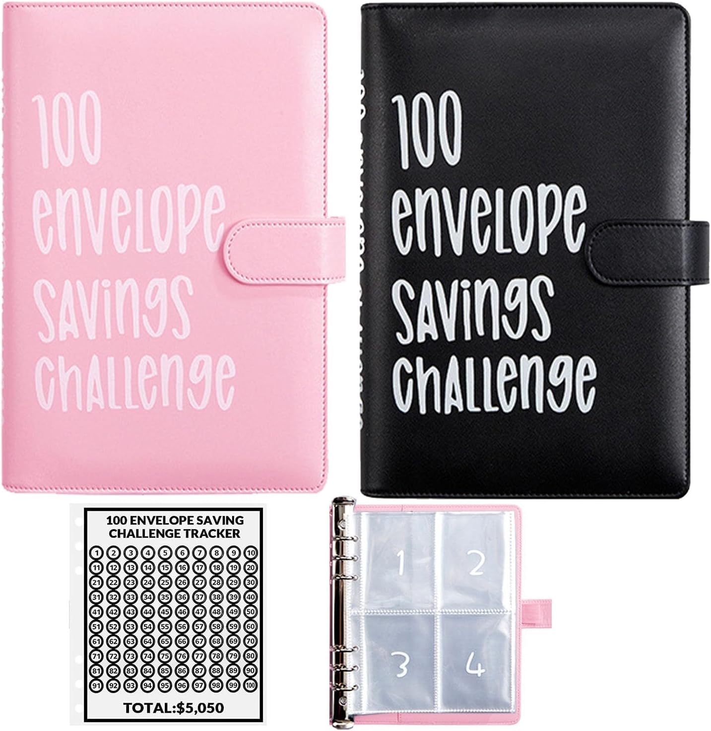 Photo 1 of 100 Envelope Challenge Binder, Easy and Fun Way for 100 Envelopes Money Saving Challenge Budget Binder with Cash Envelopes for Budgeting (2 pcs (Black and Pink))