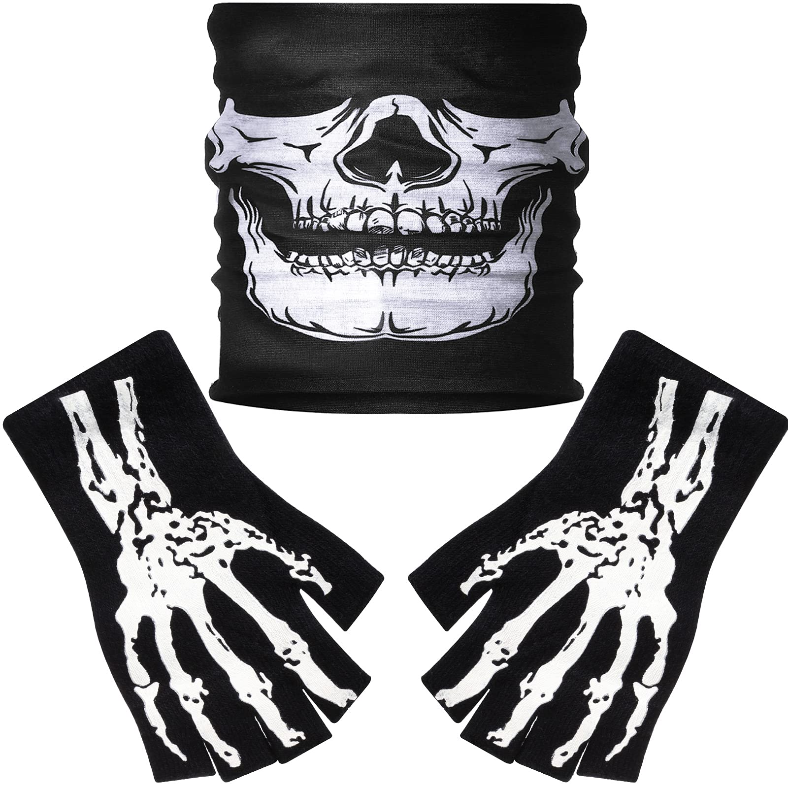 White Skeleton Gloves and Skull Face Mask Half Ghost Bones Cosplay Costumes for Adult Halloween Dance Costume Party (1 Set, Style C)