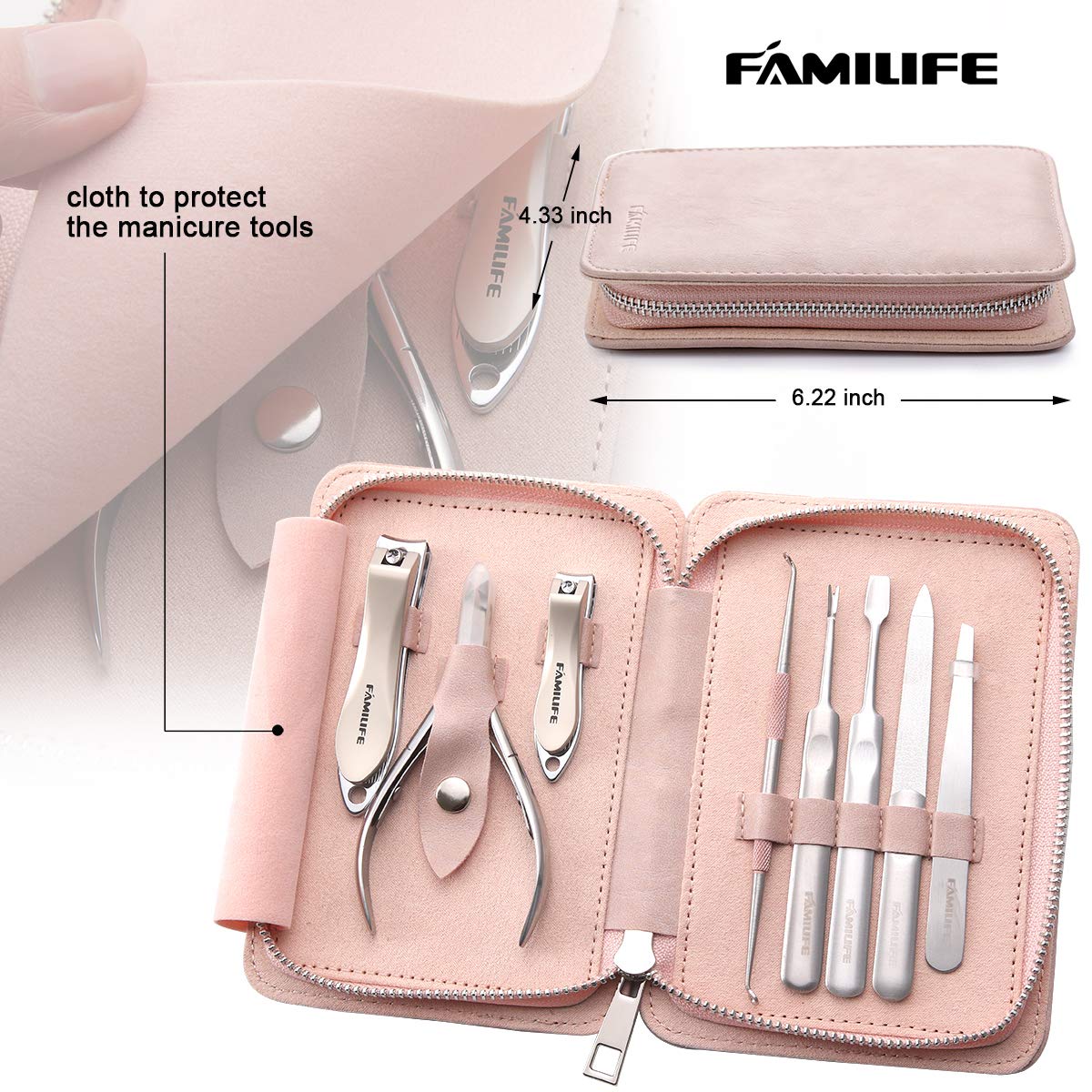 FAMILIFE Manicure Set, 8 in 1 Professional L13 Manicure Kit Nail Clipper Set Stainless Steel Pedicure Tools Kit Portable Grooming Kit with Pink Leather Travel Case for Women Girl : Beauty