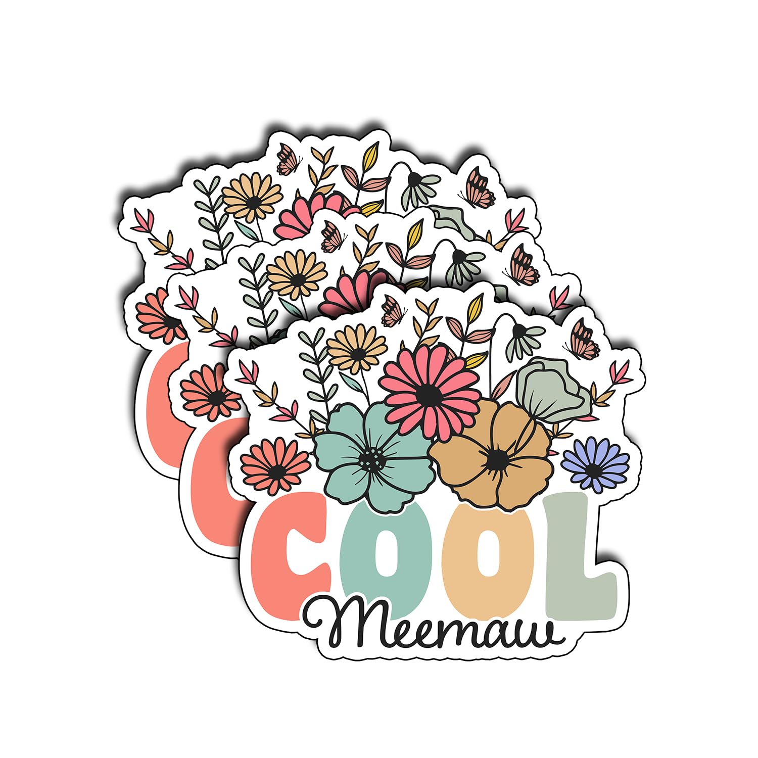 Photo 1 of (3Pcs) Cool Meemaw Floral Sticker Mothers Quote Funny Mama Aesthetic Gifts Present Waterproof Vinyl Decal for Kindle Water Bottle Bumper Car Hard Hat Phone Laptop Inspirational Appreciation - 3x2.9 X3